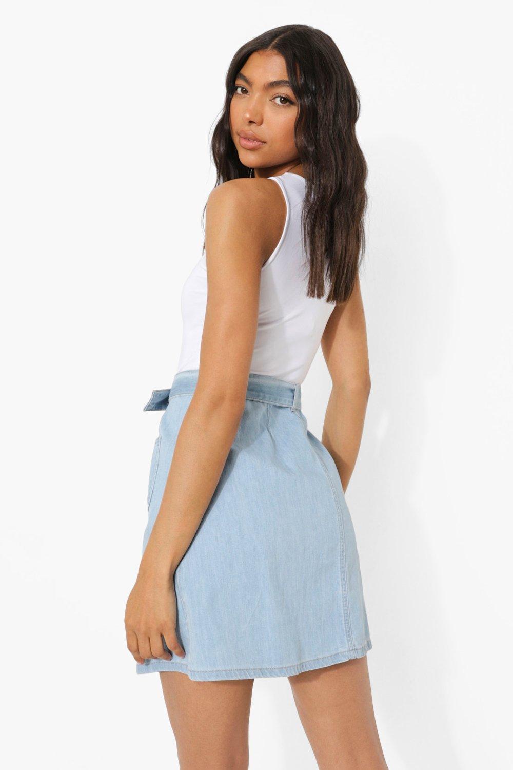 Blue denim hotsell skater skirt outfit